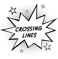 Logo for Crossing Lines series features an impact speech bubble and stars.