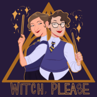 The Witch, Please logo features an illustration of Marcelle and Hannah in purple wizard school uniforms in front of the Deathly Hollows symbol