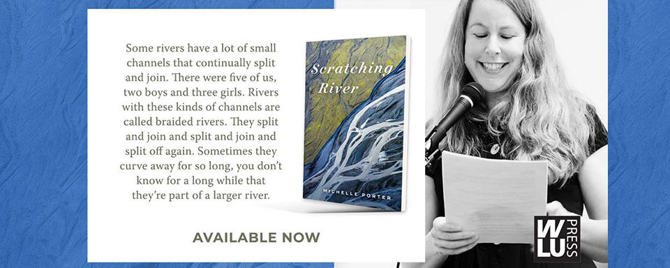 Excerpt from Scratching River beside a photo of Michelle Porter reading aloud