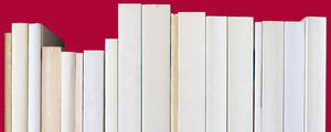 White spine books lined up against burgundy background
